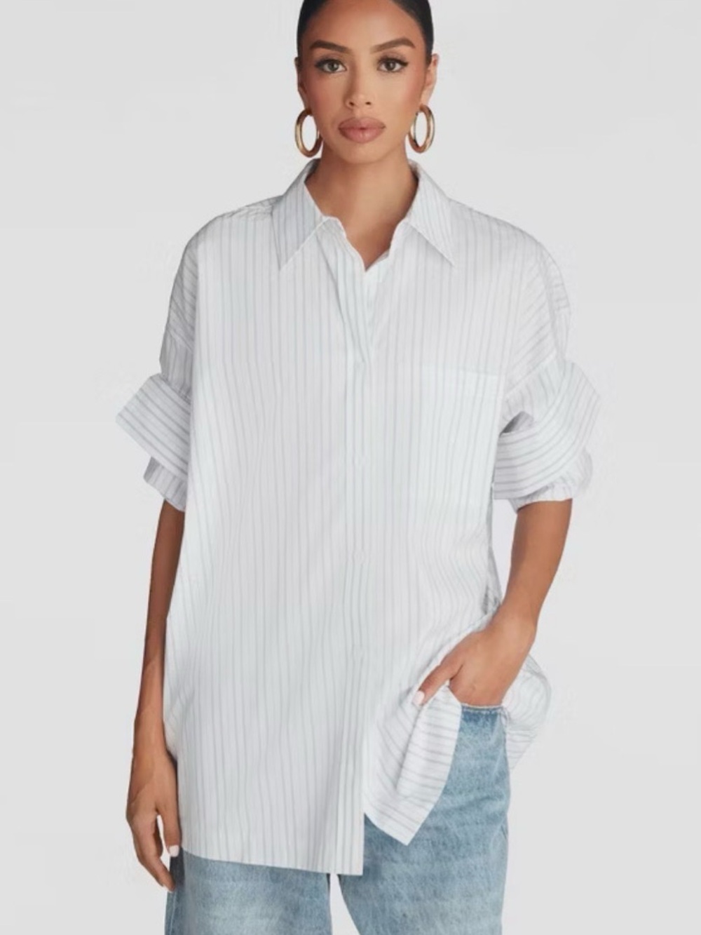 Relaxed White Pinstripe Button-Front Shirt NEW Size XXL